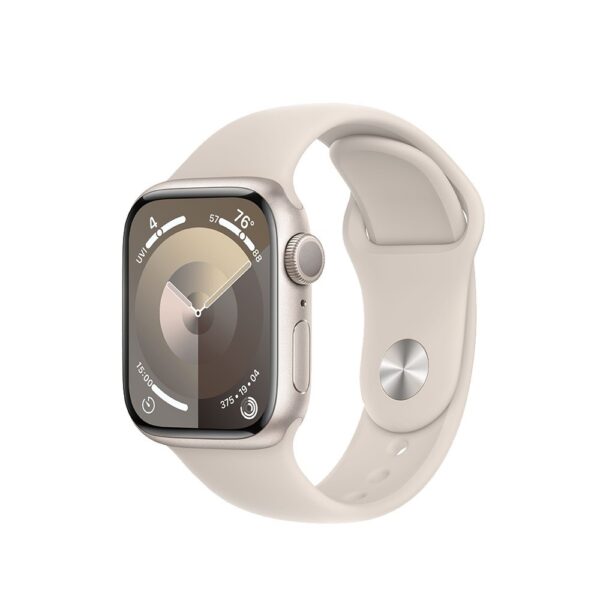 Apple Watch Series 9 GPS, 41mm Koperta z aluminium w kolorze księżycowej poświaty z paskiem sportowym w kolorze księżycowej poświaty - S/M