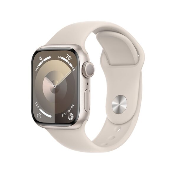 Apple Watch Series 9 GPS, 45mm Koperta z aluminium w kolorze księżycowej poświaty z paskiem sportowym w kolorze księżycowej poświaty - M/L