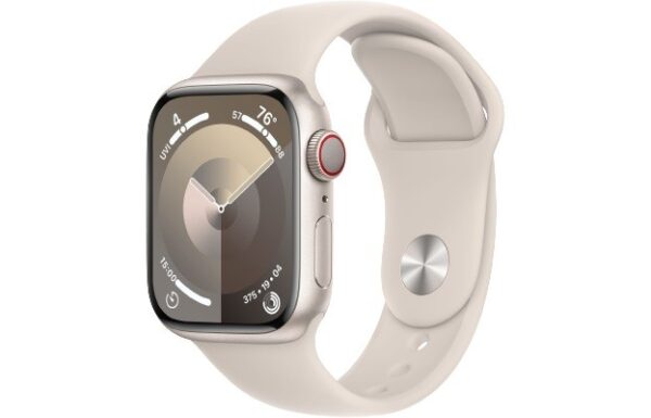 Apple Watch Series 9 GPS + Cellular, 41mm Koperta z aluminium w kolorze księżycowej poświaty z paskiem sportowym w kolorze księżycowej poświaty - M/L