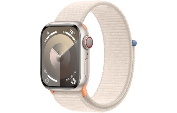 Apple Watch Series 9 GPS + Cellular, 41mm Koperta z aluminium w kolorze księżycowej poświaty z opaską sportową w kolorze księżycowej poświaty
