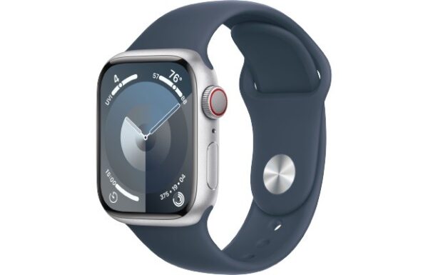 Apple Watch Series 9 GPS + Cellular, 41mm Koperta z aluminium w kolorze srebrnym z paskiem sportowy w kolorze sztormowego błękitu - S/M