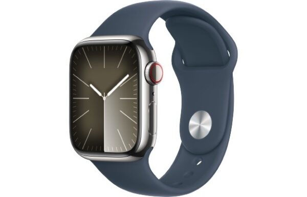Apple Watch Series 9 GPS + Cellular, 41mm Koperta ze stali nierdzewnej w kolorze srebrnym z paskiem sportowym w kolorze sztormowego błękitu - S/M