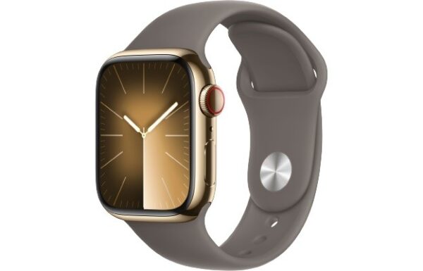 Apple Watch Series 9 GPS + Cellular, 41mm Koperta ze stali nierdzewnej w kolorze złotym z paskiem sportowym w kolorze popielatego brązu - S/M
